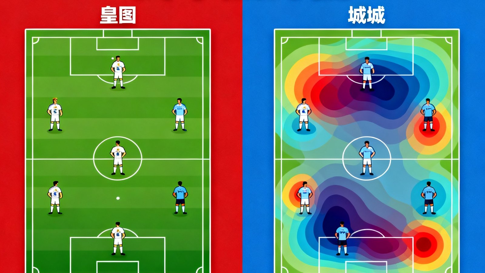 欧冠皇马对阵曼城战术热力图，展示双方阵型与球员跑动分布
